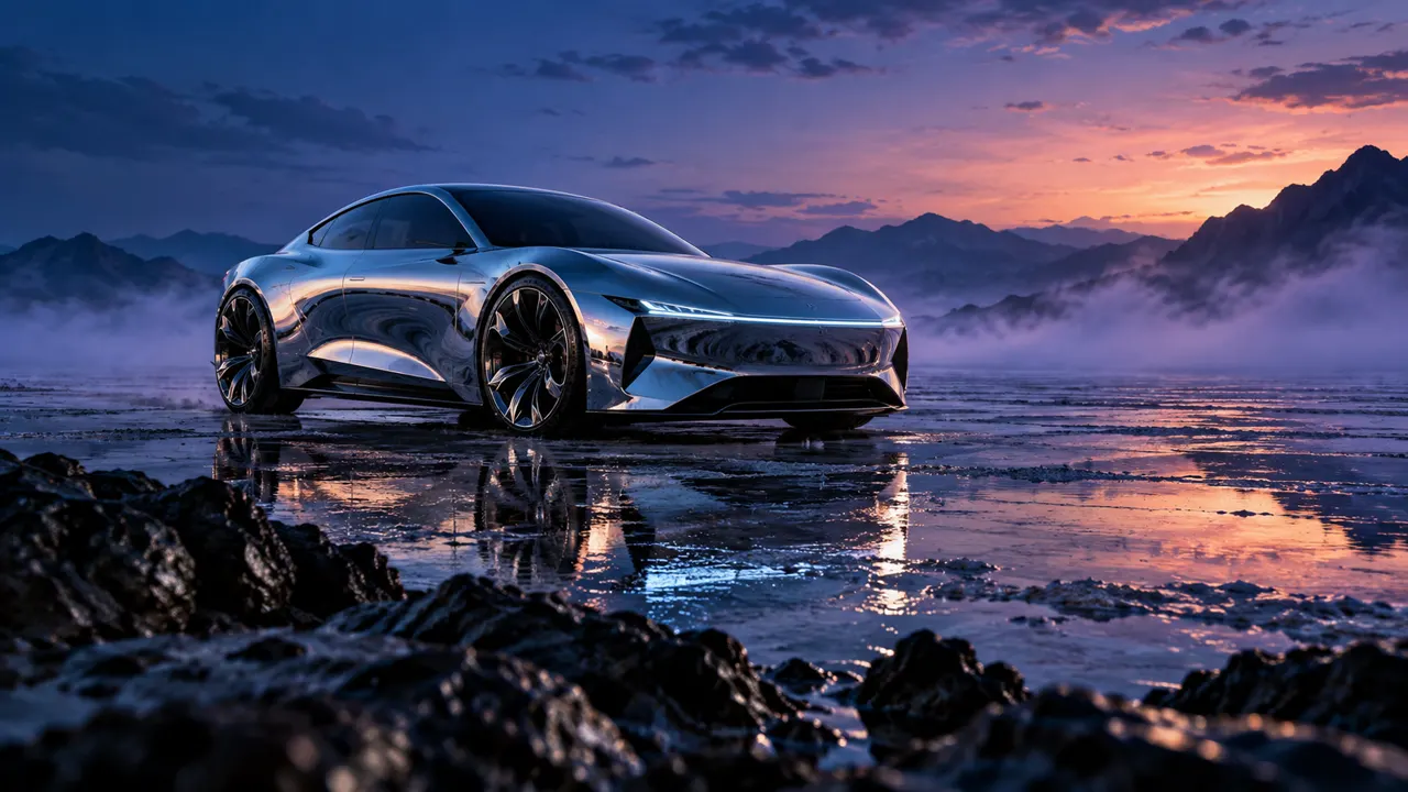 Original chrome concept car in a cobalt salt desert